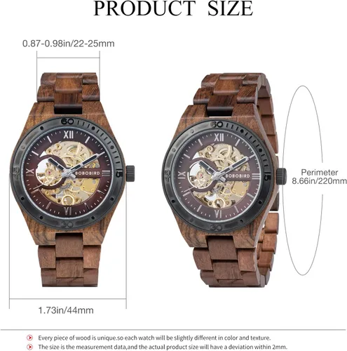 Miniatura 7 de BOBO BIRD Relojes de madera para hombre, reloj mecánico de esqueleto, relojes de pulsera ligeros de lujo con correa de madera natural de colección