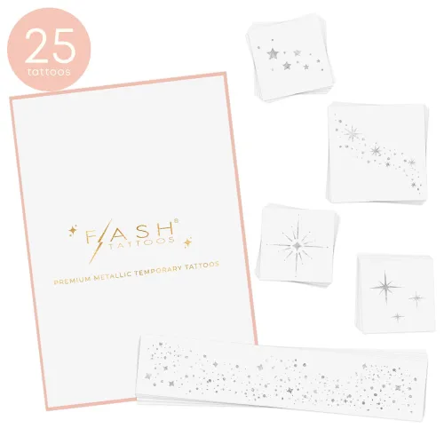 Miniatura 4 de Flash Tattoos STARLIGHT VARIETY - Pecas y tatuajes corporales con purpurina plateada, 25 parches metálicos celestiales de primera calidad