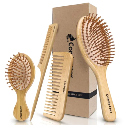 Miniatura 9 de Juego de cepillos y peines de bambú 100% de Combetter, peine para mujeres y desenredante, excelente para todo tipo de cabello, ecológico y hecho a