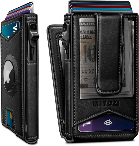 miyozi Airtag - Cartera para hombre con clip para dinero, 9 tarjetas, con ventana de identificación, bloqueo RFID, funda de metal, cierre magnético,