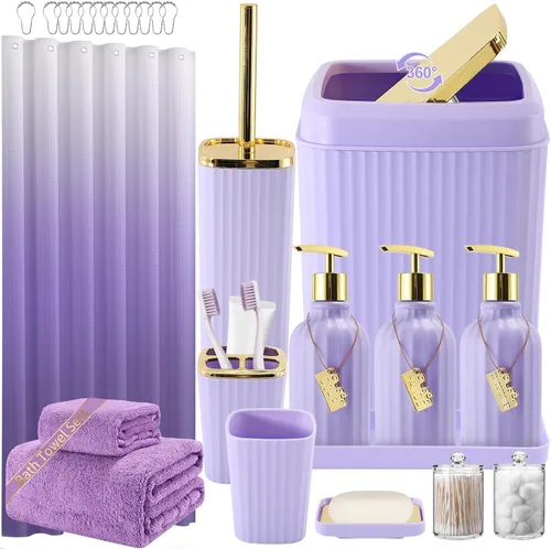 Miniatura 40 de 21PCS Bathroom Sets with Shower Curtain and Rugs Bathroom Accessories Set Beige Bathroom Set Complete with Trash Can, Toilet Brush, Qtip Holder &
