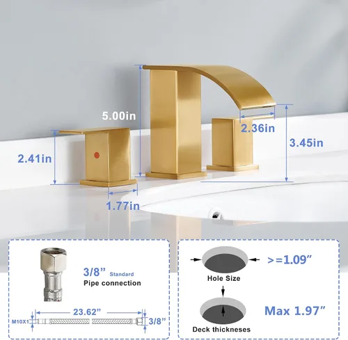 Miniatura 4 de Grifo de baño en cascada dorado de 3 agujeros - 8 pulgadas grifo de baño generalizado Dos manijas llave de lavabo de lavabo con llave de drenaje