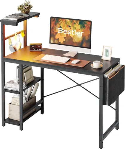 Miniatura 9 de Bestier - Escritorio de juegos con luces LED, escritorio para PC de 44 pulgadas para espacios pequeños, escritorio de computadora con estantes