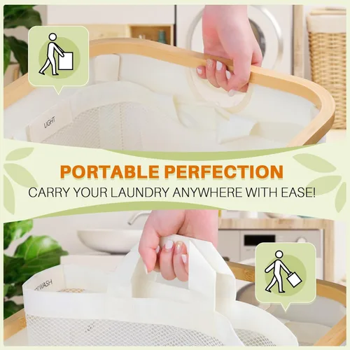 Miniatura 5 de Cesto para ropa sucia de 3 secciones, 145L cesto para ropa sucia con tapa, organizador de cesta de lavandería extragrande con bolsas interiores Beige
