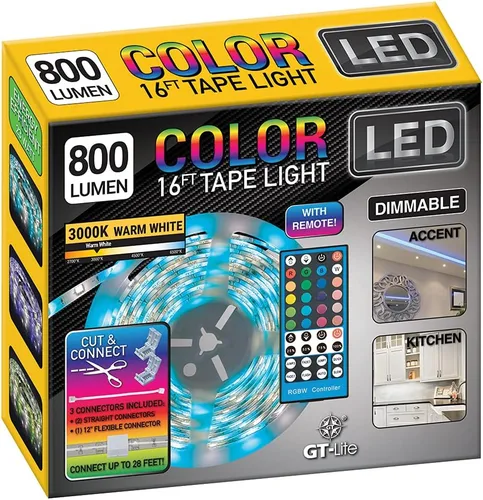 Miniatura 10 de GT-Lite Tira de luces LED de 800 lúmenes, cinta blanca y de color de 16 pies, cortada y conectada