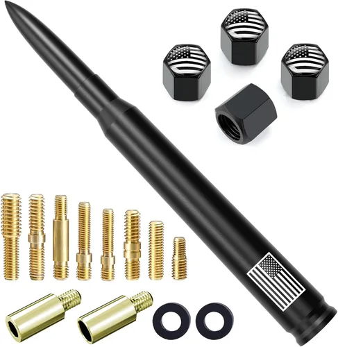 Miniatura 27 de Antena de camión para automóvil con tapas de válvula de neumáticos, bandera estadounidense, repuesto corto universal para GMC Sierra, Chevy, Negro