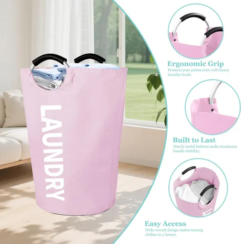 Miniatura 5 de WOOHA Cesta de lavandería grande de 115 litros, cesta plegable para ropa, cestas altas de tela plegables para dormitorio, armario, baño, Rosa