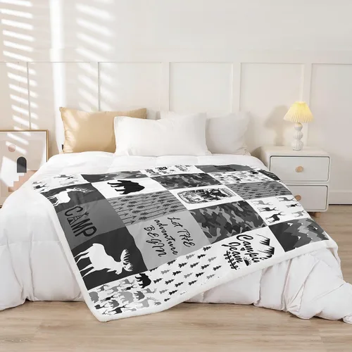 Miniatura 2 de Manfei Manta de camping gris y negro camuflaje a cuadros para niños y adolescentes, manta de ciervos con osos rústicos para sofá, manta de vellón