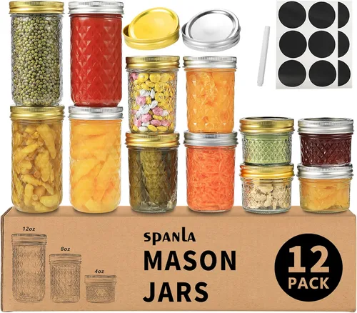 Miniatura 10 de SPANLA Tarros de masón, paquete de 24 tarros de conservas con tapas regulares, ideales para mermelada, gelatina, miel, recuerdos de boda, regalos