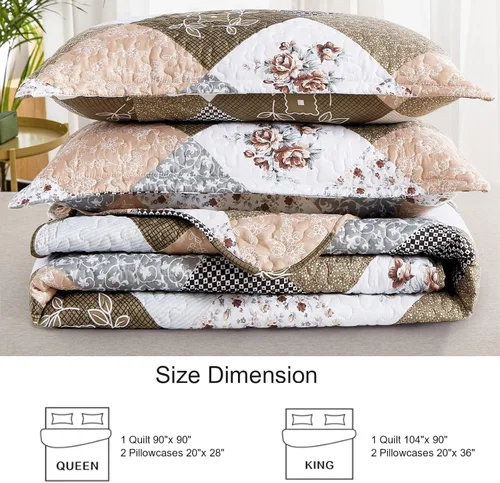 Miniatura 6 de Dinjoy Juego de edredón floral a cuadros de retazos tamaño California King, juego de ropa de cama reversible marrón de microfibra suave, colcha