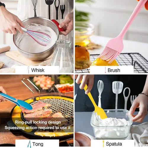 Miniatura 6 de LIANYU Utensilios de cocina de silicona de 12 piezas con soporte, juego de herramientas de cocina incluye espátula ranurada, cuchara, cucharón