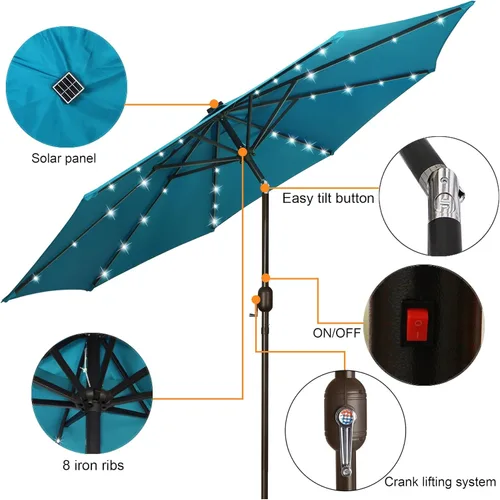 Miniatura 3 de Blissun - Sombrilla solar de 9 pies para exteriores, 32 luces LED, con inclinación y manivela, parasol ideal para patio, jardín, cubierta, piscina