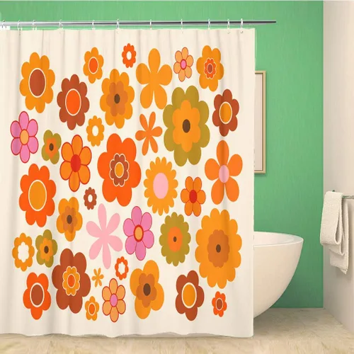 Cortina de ducha naranja de los años 70, flores vintage, color verde, 1970, retro, setenta, 60 x 72 pulgadas, juego de cortinas de poliéster