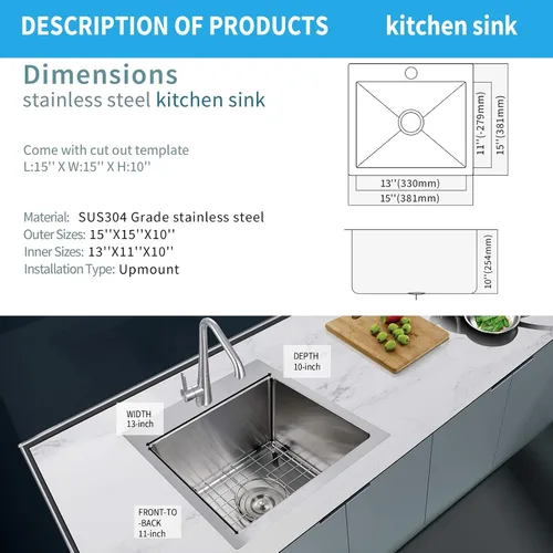 Miniatura 3 de YSSOA Fregadero de cocina con estación de trabajo de montaje superior, calibre 20, tazón individual con 3 accesorios