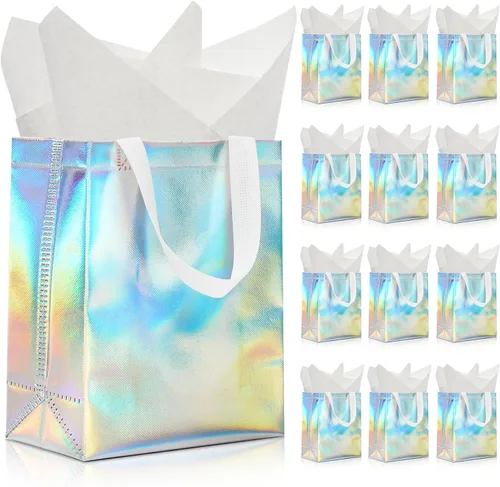 KeerxunBag 12 piezas de bolsas de regalo reutilizables (incluye papel de seda) Bolsa de regalo con asa para cumpleaños, fiestas, días festivos,