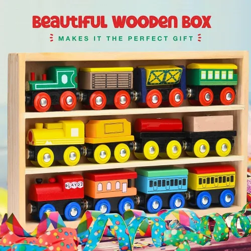 Miniatura 6 de Juego de Tren de Madera de 12 Piezas - Juego Magnético de Juguetes de Tren Incluye 3 Motores - Juegos de Tren de Juguete para Niños Pequeños y Niñas