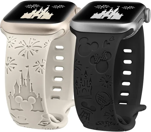 Miniatura 17 de 2 paquetes de correas grabadas con dibujos animados compatibles con Apple Watch de 38/40/41/42/44/45/46/49 mm, correa de silicona suave y linda
