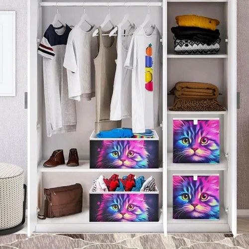 Miniatura 7 de Vnurnrn Cubo de almacenamiento plegable con impresión de gato morado brillante, cestas organizadoras con tablero de soporte para armario de estante