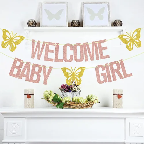 Miniatura 7 de Cartel de bienvenida para niña, decoración de fiesta de baby shower con temática de mariposa, letrero de "It's a Girl", suministros para fiesta