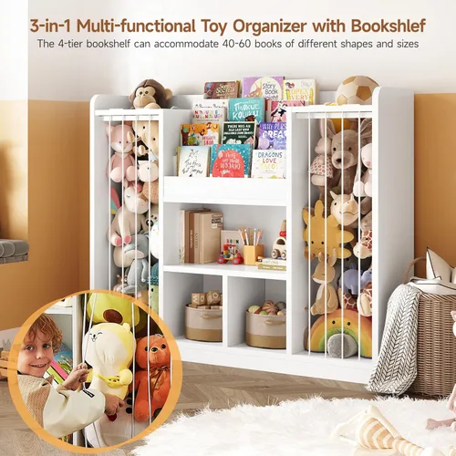 Miniatura 4 de ONBRILL Organizador de almacenamiento de juguetes, almacenamiento de animales de peluche con estantería de 4 niveles, funda de almacenamiento