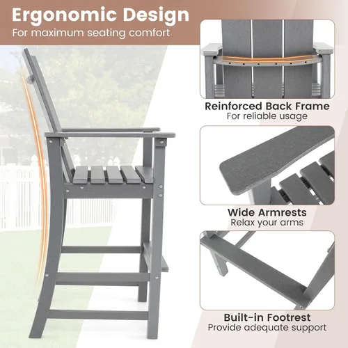 Miniatura 4 de Giantex Silla Adirondack de 52 pulgadas de alto, taburete de bar de polietileno de alta densidad para exteriores con respaldo ergonómico, Gris