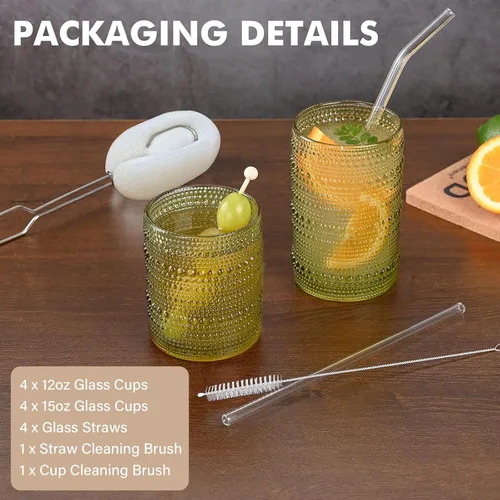 Miniatura 4 de ZMOWIPDL Juego de 8 Vasos de Beber Vintage con Relieve, Verde de 12 oz y 15 oz Vasos Highball, Cristalería para Bebidas de Cocina, Vaso de Agua