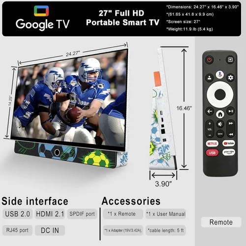 Miniatura 4 de Smart TV portátil de 27 pulgadas con batería incorporada, TV al aire libre FHD de 1080P para casas rodantes y campamentos, HDR10, Dolby Audio, WiFi