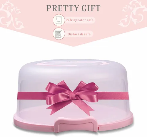 Miniatura 7 de Porta pasteles de plástico de 10 pulgadas con asa, soporte redondo para pasteles con tapa, recipiente rosa para pasteles de 6 pulgadas/8 pulgadas/10