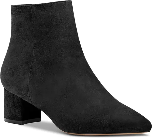 Miniatura 3 de Aachcol Botas de tobillo de tacón medio alto para mujer, botines cortos con puntera puntiaguda, gamuza de 2 pulgadas