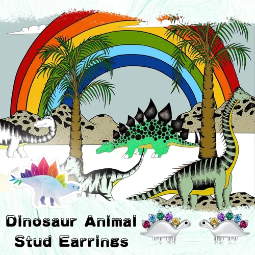 Miniatura 3 de Aretes de dinosaurio arcoíris para mujer, plata de ley 925, circonita cúbica, aretes de dinosaurio, hipoalergénicos, pequeños, joyería