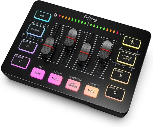 FIFINE Mezclador de audio para juegos, mezclador de PC RGB para streaming con interfaz de micrófono XLR, control individual, atenuador de volumen,