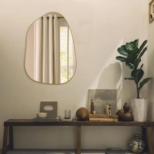 Miniatura 6 de PERFNIQUE Espejo de pared irregular asimétrico, espejo dorado de 27 x 19 pulgadas, espejo dorado para baño, dormitorio, sala de estar, entrada