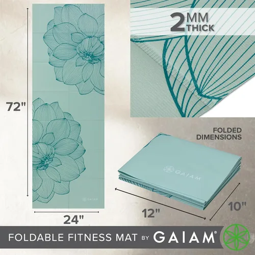 Miniatura 6 de Gaiam Esterilla de yoga – Esterilla plegable de viaje para fitness y ejercicio – Esterilla de yoga plegable para todo tipo de yoga, pilates y Dalias