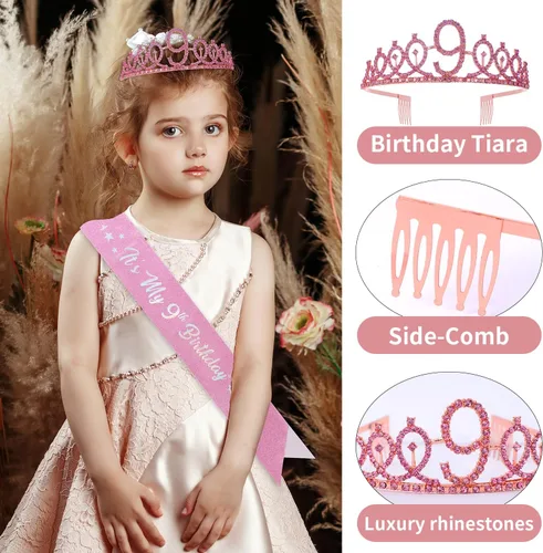 Miniatura 4 de Decoración de 9º cumpleaños para niña, banda, corona de diamantes de imitación, decoración de pastel, globo de aluminio, suministros de fiesta (rosa)