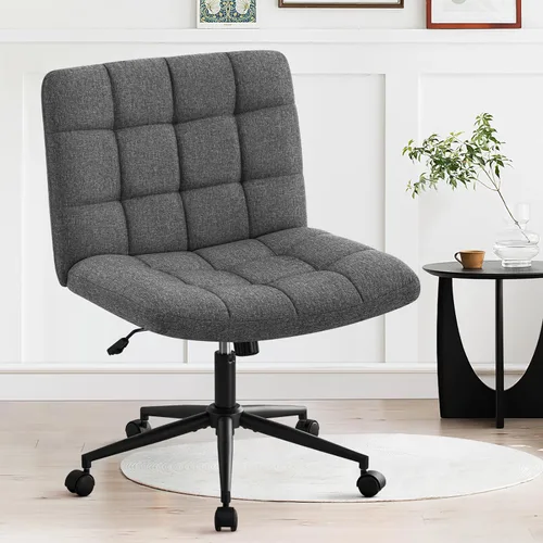 Furniliving Silla de escritorio de oficina sin brazos, silla giratoria acolchada de tela de lino, silla de oficina ajustable en casa con ruedas de
