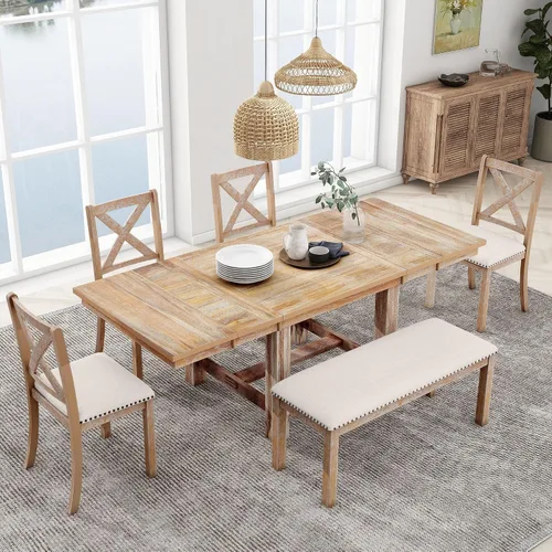 Miniatura 12 de Merax Farmhouse - Juego de 6 mesas de comedor de madera extensibles de 82 pulgadas, 4 sillas con respaldo, banco para 2 personas con cojín