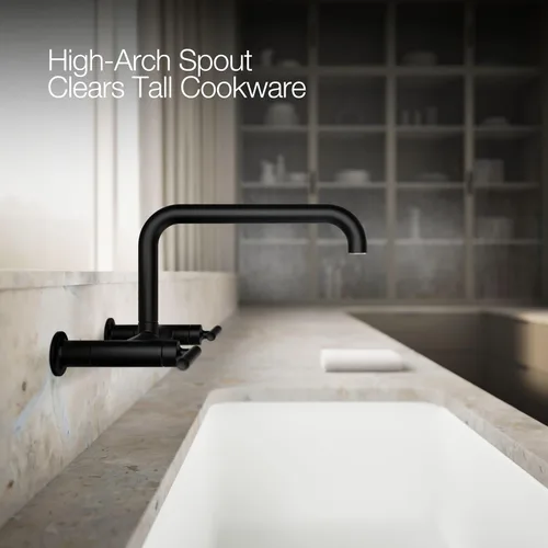 Miniatura 6 de KOHLER Purist Grifo de fregadero de cocina de dos agujeros para montaje en pared con boquilla de 13-7/8 pulgadas, negro mate