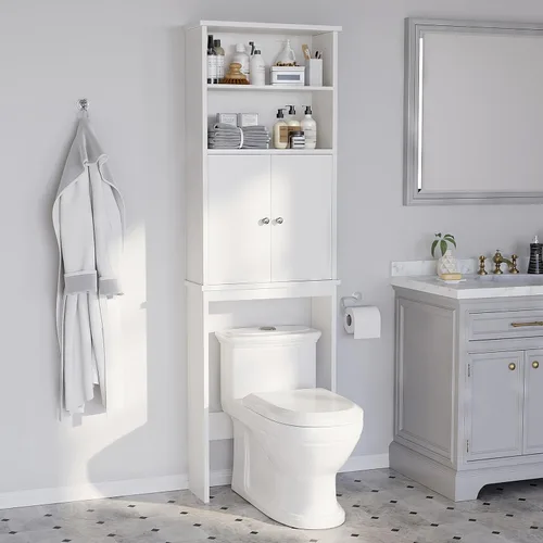 Miniatura 14 de Armario de almacenamiento sobre el inodoro para baño, organizador de almacenamiento sobre el inodoro, ahorro de espacio con puertas de vidrio Blanco