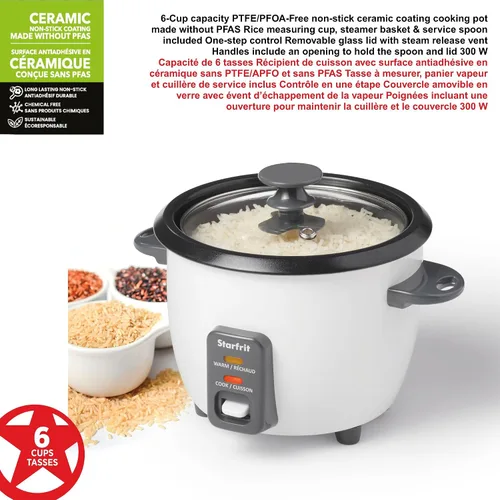 Miniatura 4 de Starfrit - Arrocera eléctrica, 6 tazas, 300 W, color blanco Cesta de vapor, taza medidora, cuchara de servicio, hace arroz perfecto