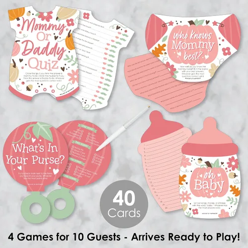 Miniatura 2 de Big Dot of Happiness Girl Little Pumpkin - 4 juegos de baby shower de otoño - 10 cartas cada uno - Quién sabe mejor a mami, cuestionario de mamá