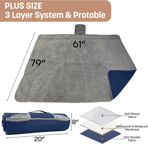 Miniatura 4 de Tirrinia Manta impermeable para exteriores con forro sherpa, resistente al viento, triple capa, cálida y cómoda, plegable para camping, estadio