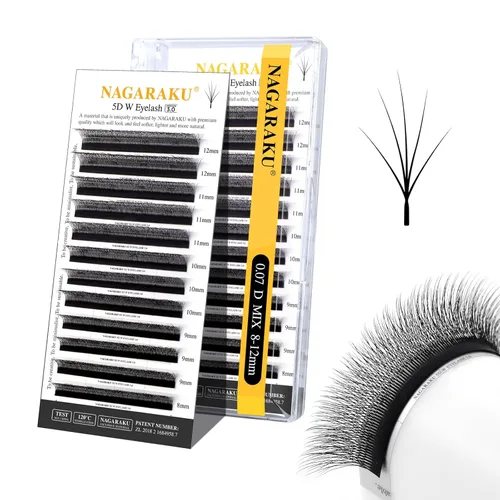 Miniatura 80 de NAGARAKU Extensiones de pestañas Double Tips 4D W, suministros con puntas dobles, gruesas con rizado D de 0.07 mm, bandeja mixta 8-15 mm, 0.07-D