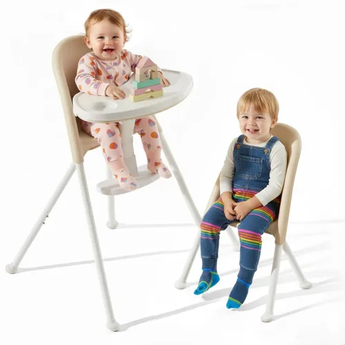 Trona plegable 3 en 1 de Funny Supply, silla alta portátil y convertible para bebé, silla de alimentación moderna para bebé con bandeja doble Crema