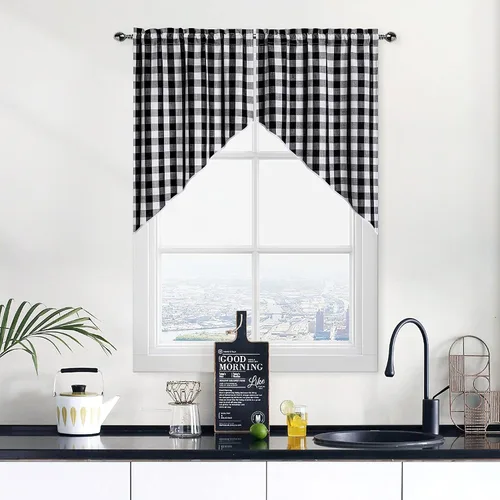 Miniatura 29 de Cortinas de Cocina Estilo Granja de Cuadros Vichy Blanco y Negro de 24 Pulgadas de Largo, Cortinas de Café de Media Ventana de Cuadros Buffalo