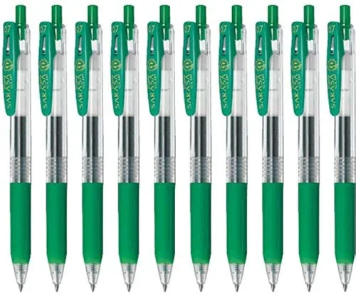 Zebra Sarasa Clip 0.7 Bolígrafo retráctil de tinta de gel, agarre de goma, 0.028 in, tinta verde, juego de 10 unidades