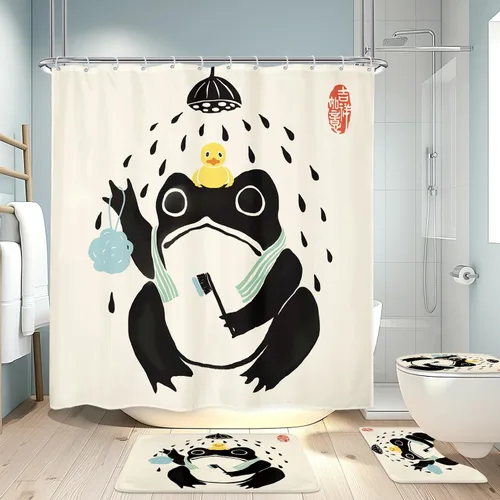 Miniatura 30 de Juego Divertido de Cortina de Rana Retro para Ducha, Juego de Baño 48x71 Pulgadas, Estilo Asiático Lindo, Arte Japonés Tradicional de Pato de Goma