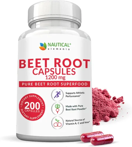 Cápsulas de raíz de remolacha - 1200mg por porción - 200 cápsulas de polvo de raíz de remolacha - Polvo de remolacha apoya la presión arterial, el