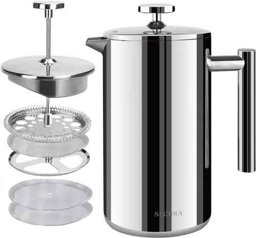 Miniatura 12 de Secura Cafetera de Prensa Francesa, Prensa de Café de Acero Inoxidable de Doble Pared Grado 304 con 2 Filtros Adicionales, 34oz (1L), Rojo