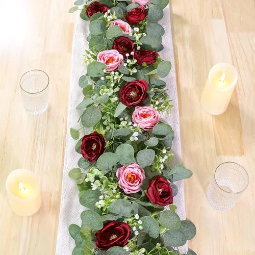Miniatura 14 de TOCHGREEN Paquete de 4 Guirnaldas de Flores de Eucalipto Artificial con Rosas Blancas, Guirnalda de Flores de Rosa Falsa Vegetación Enredaderas