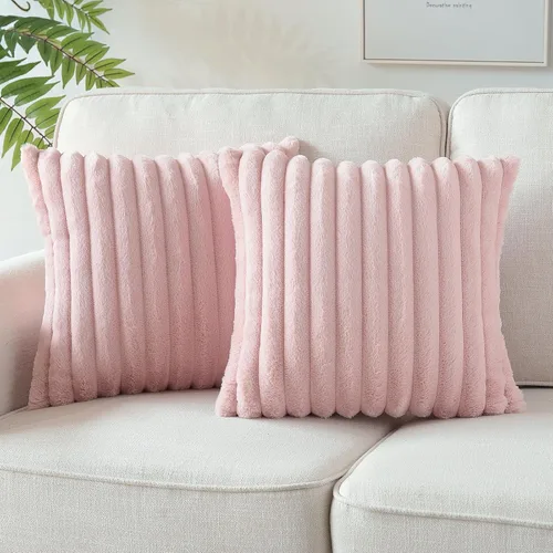 Miniatura 3 de Soleebee Juego de 2 fundas de cojines decorativos de terciopelo suave y acogedor, funda de piel sintética de conejo para sofá, cama, silla, Rosa